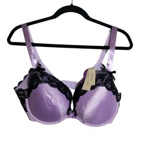 Cacique Lavender Satin Black Lace Plunge Bra 42DD Underwire Cleavage Solution
